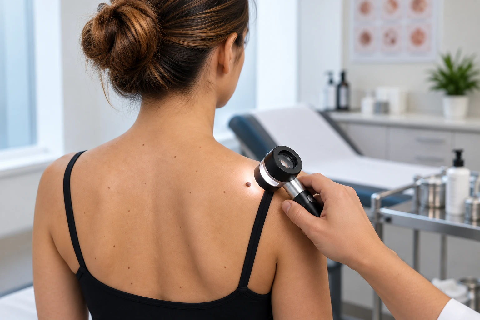 A clinician carrying out a detailed skin examination.