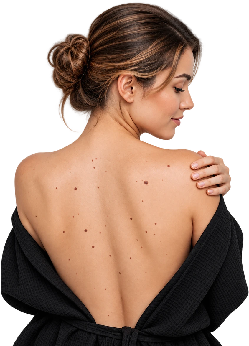 Skin spots on a woman’s upper back.