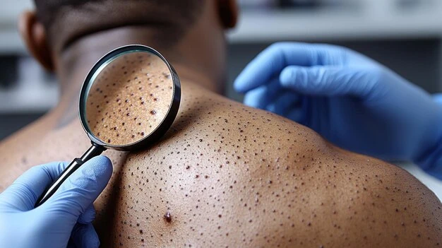 Gloved hands using a magnifying glass to examine skin spots on a patient’s shoulder.