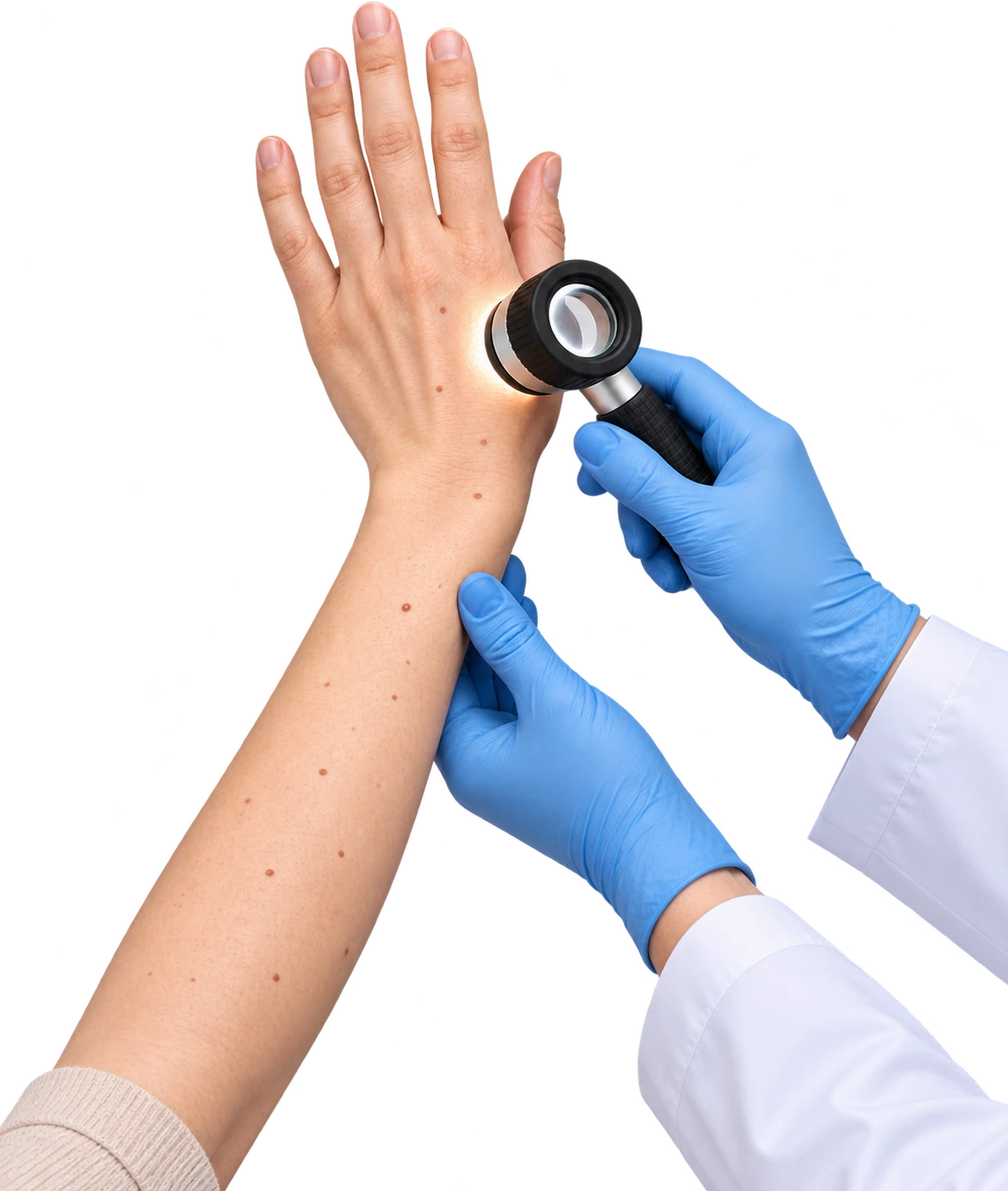 Gloved hands examining a patient’s hand with a dermatoscope.