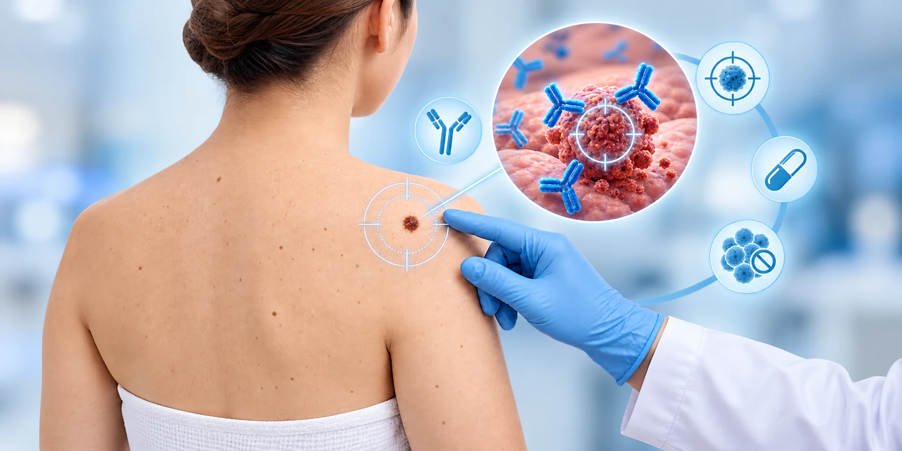 Illustration of a skin assessment with a magnified cell diagram.