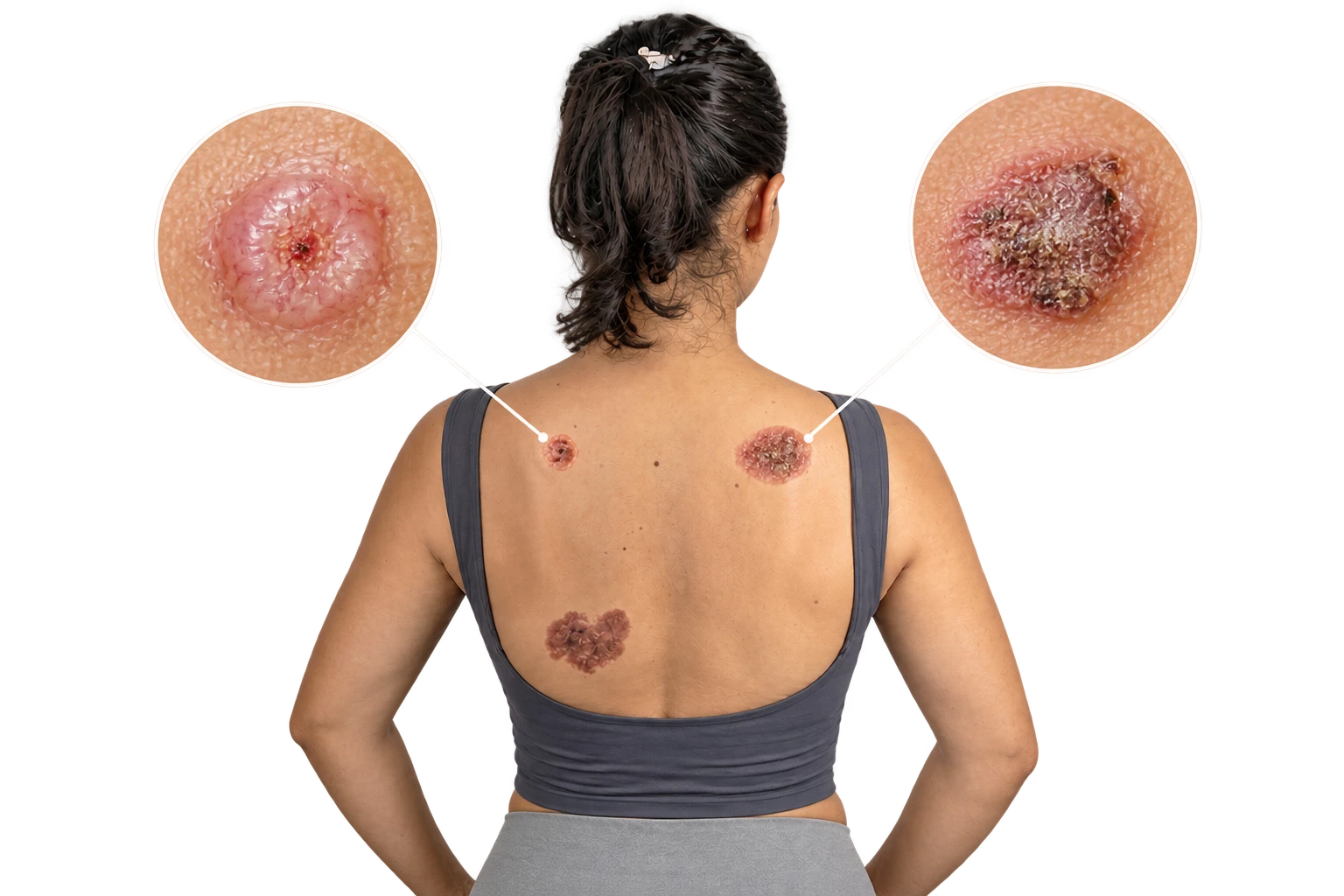 Educational illustration of skin lesions with enlarged details.