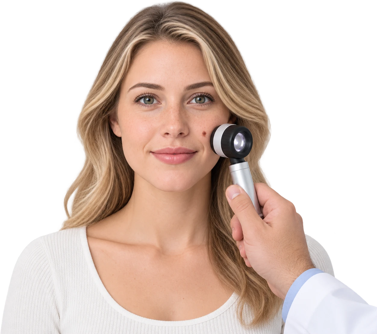 A dermatoscope held beside a woman’s face.