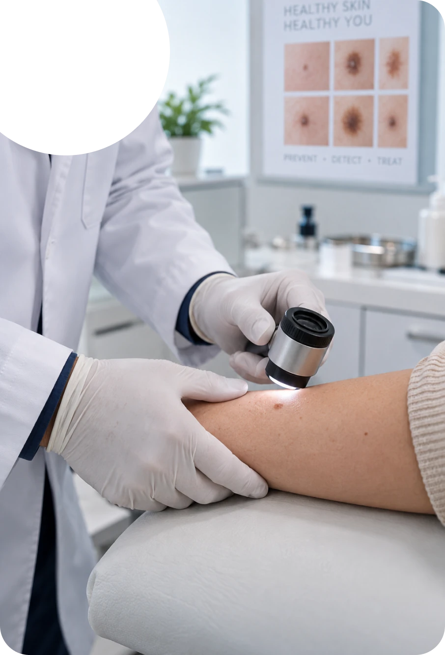 A clinician assessing a patient’s arm with a dermatoscope.