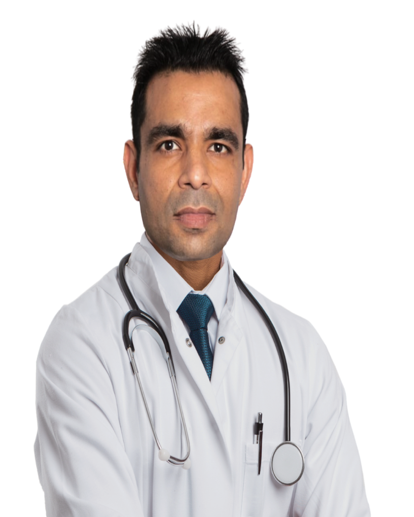 Dr. Omair Chaudry wearing a white coat and stethoscope.